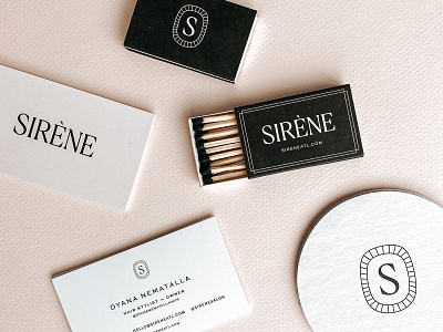 Sirène Branded Goods art direction branding business card coasters design graphic design icon layout logo mark matches typography