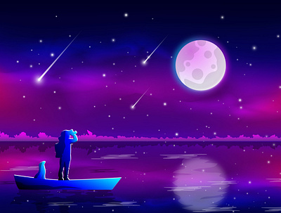 Night colorful sky and moon Illustration alone boy illustration boy illustration boy with dog design illustration illustration art illustrator monn illustration moon night night sky sky