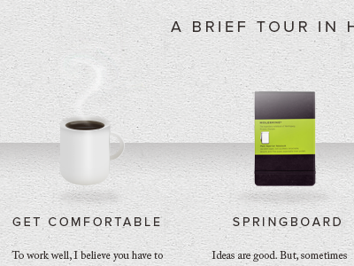 The Tour Begins caslon coffee icons moleskine proxima website wip