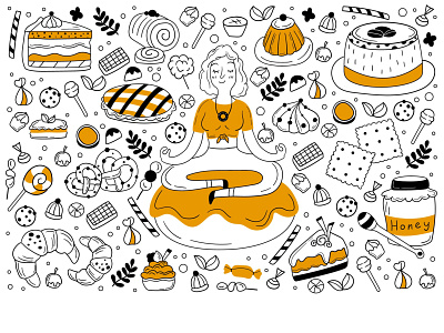 🍩 Sweets 🍩 art black and white branding cartoon character comic cute design doodle food fun girl illustration line line art minimal pattern sweet vector vector art