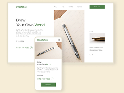 Landing page for Kickstarter project - WINGBACK pen