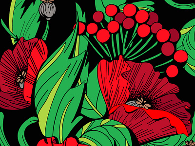 Mak black flowers green illustration red
