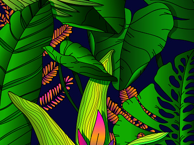 Gungle blue bright colorful colors emerald green green illustration illustrator jungle leaf leafy pink
