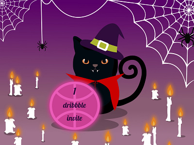 halloweenn invite candles cat colorful dribbble dribbble invite hat illustration invite pink red spider witch hat