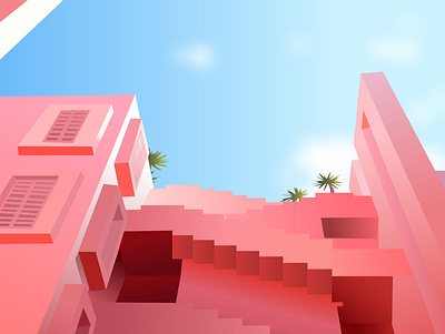 pink blend blue bulding dribbble green illustration ombre palms pink red sky stairs