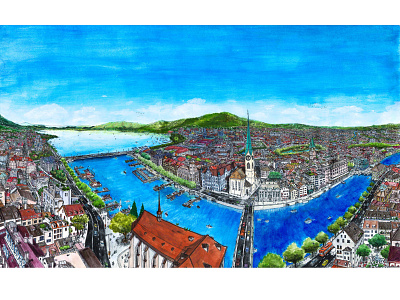 Zürich,Switzerland view. Watercolors.