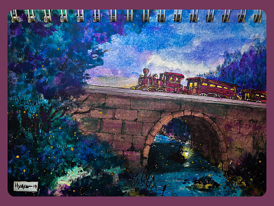 "Under the bridge" ,watercolor ink waterfall