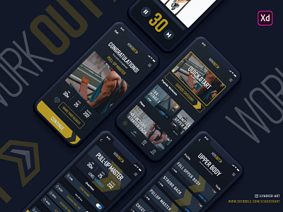 WORKOUT fitness app adobe xd adobexd app dark mode dark ui design fitness madewithadobexd tractivcontest ui ux uidesign workout