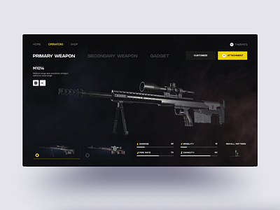Rainbow Six Redesign - Weapon Screen 3d animation game gaming shooter ubisoft ui uiux weapon webdesign
