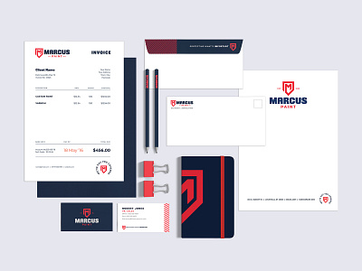 Marcus Paint | Collateral + Stationery blue brand brand identity business card collateral design gray letterhead paint red stationery