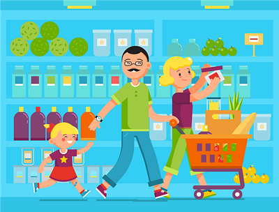 a family in a supermarket cartoon character characterdesign family happy illustration portrait supermarket vector