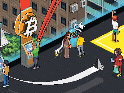 Future of cryptocurrencies centrefold illustration isometric pixel art