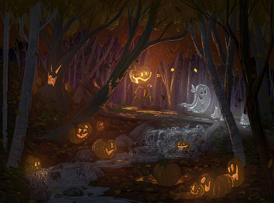 Happy Halloween! Jolly Bunch on a Late Night Stroll. autumn character design digital painting halloween illustration nature photoshop