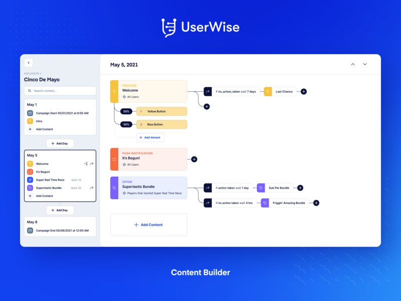 UserWise - Content Builder blue design gaming liveops ui ux video games visual programming web