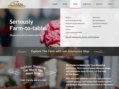 The Farm Shopping Center Redesign colorful graphic minimal navigation photorich shopping center typography ui ux web website