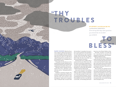 Thy Troubles to Bless magazine spread byu magazine editorial design editorial illustration