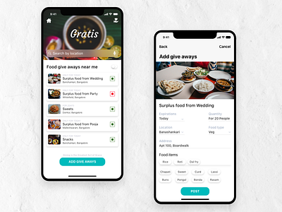 Gratis-Surplus food give away app. adobe xd app design ui