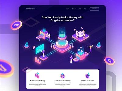 Cryptonesia - Cryptocurrencies Realtime Price Monitoring adobe illustrator blockchain crypto mining cryptocurrency design header illustration hero illustration illustration isometric purple ui vector web website