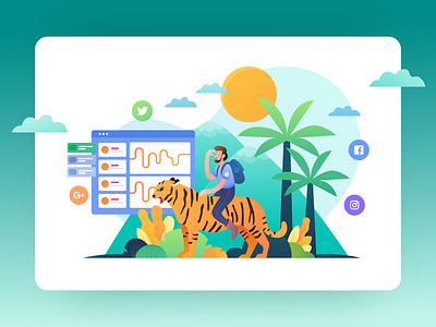 Maung - Social Media Management Tools Illustration adobe illustrator animal character dashboard flat illustration forest green header illustration hero illustration illustration landing page mountain orange social media tiger ui ui design