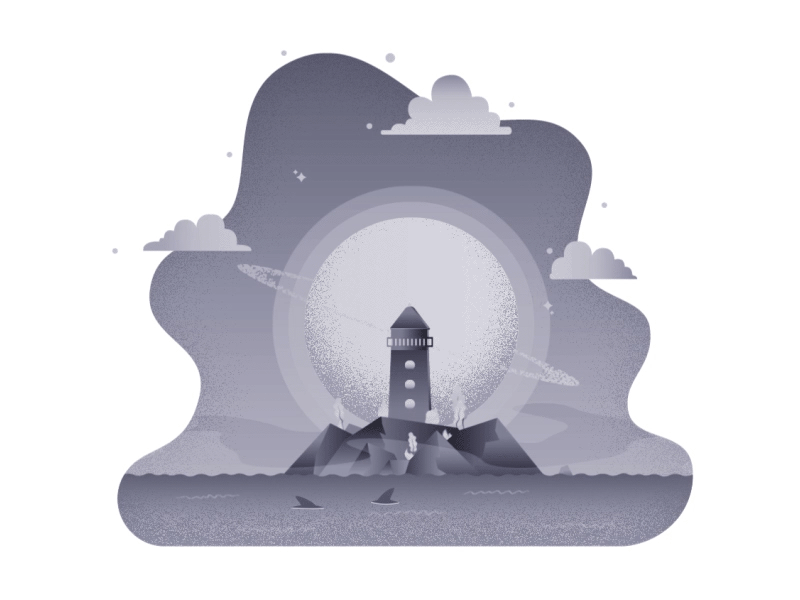 Lonely lighthouse animation cartoon cycle design effects floating cloud illustration islands light lighthouse moonlight motion design ocean sea shark star