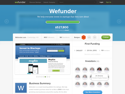 Layout WeFunder.com funder funding landing layout profile ui