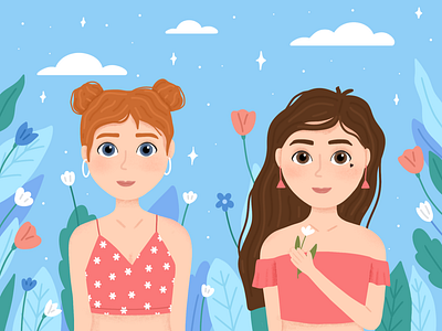 Two girls animation art brand branding character children illustration design flat girl illustration illustrator people