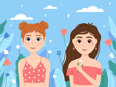 Two girls animation art brand branding character children illustration design flat girl illustration illustrator people
