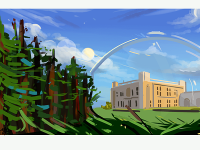 aspar hill boarding school. background building forest illustration original art scenery sky