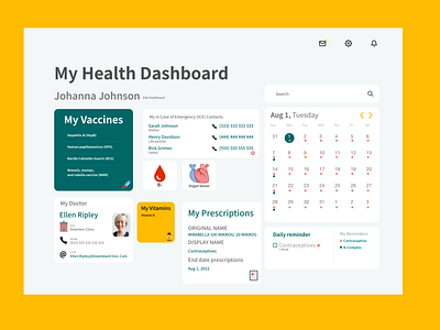 Health Dashboard calendar cards ui contraception daily reminder dashboad dashboard ui emergency health health app health care healthcare prescription vaccines vitamin