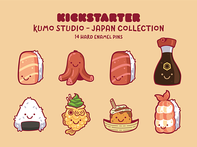 Kumo Japan Enamel Pins characters cute design enamel enamel pin illustration kawaii kickstarter kumo kumo studio pins sushi
