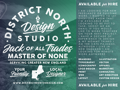 Available for Hire available district north design hire http:www.districtnorthdesign.com job looking for work new hampshire nick beaulieu remote vector work