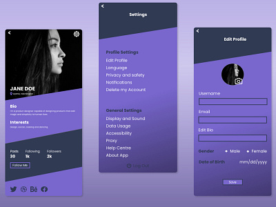 User Profile, Settings and Edit Profile. adobexd design mobile ui ux