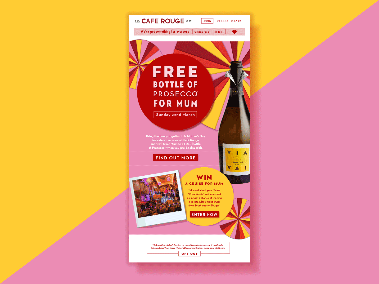 Cafe Rouge - email design brand email campaign email design email marketing gif marketing mothers day newsletter pink promo promotion prosecco restaurant yellow