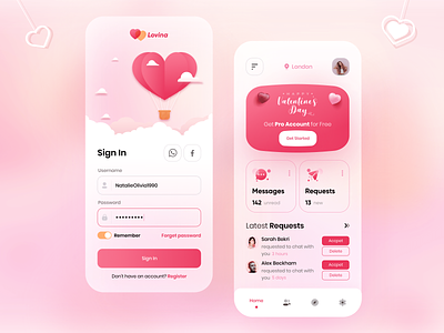 Dating App app app design dating find heart login love lovely mobile register request sign in ui ui ux uidesign valentine valentines day