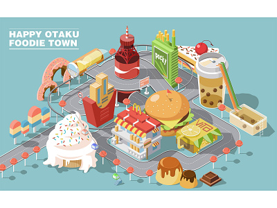 Happy Otaku Foodie Town 2.5d art coca cola food and drink french fries hamburger ice cream illustration milktea