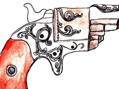Revolver drawing gun illustration line work watercolor