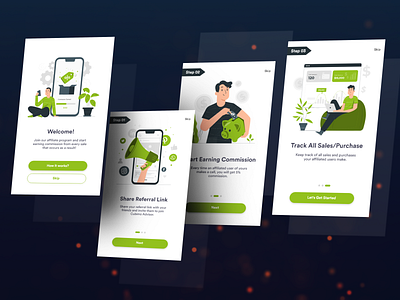 Onboarding Screens for an Affiliate Advertising App Module ads advertising affiliate app commission iphone mobile module onboading onboarding screens onboarding ui screen