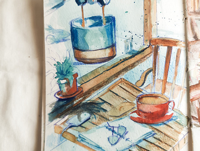 watercolor painting of coffee shop table scene blue coffee coffee shop coffee theme fine art illustration printables sketchbook traditional art watercolor