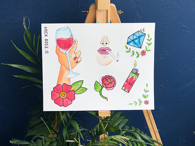 Tattoo Flash Sheet diamonds fine art flowers tattoo art watercolour painting wine time