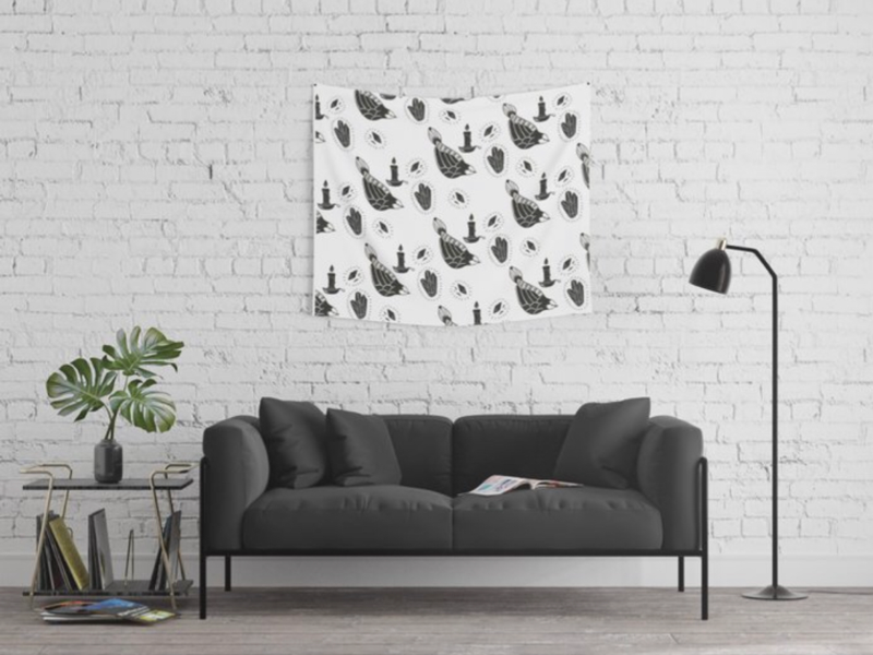 Birds and Candles Tapestry candles birds witch tattoo art digital art surface pattern interior design decor