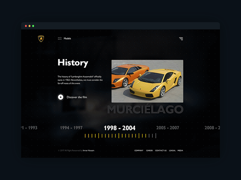 History Interaction - Lamborghini Redesign animation dark design history interaction interface lamborghini slider timeline ui ux webdesign