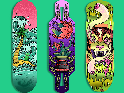 Skateboard decks 2 art beach flower grunge illustration monster plant plant monster skate skateboard surf tiger waves weird