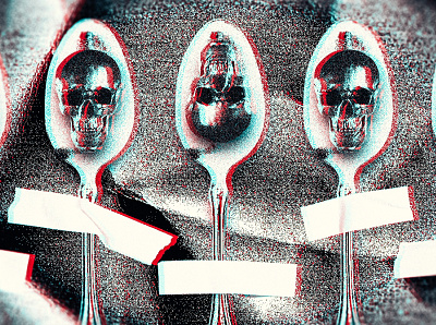 Mind your spoons anaglyph collage digital collage grain grit skulls spoons