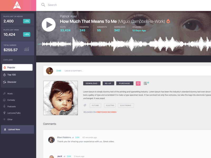 Track Page / UI Preview animation audio audio player cloud music pause play sound wave form