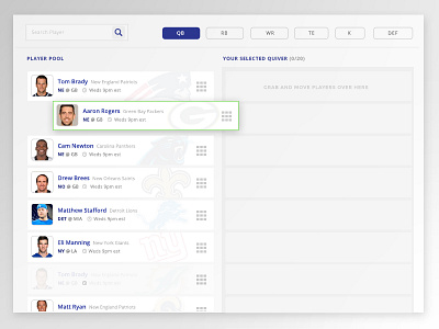 Fantasy Football Quiver System (Desktop) drag and drop fantasy football homepage landing page league sports team builder website