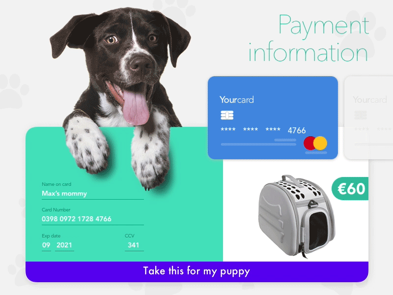 Check out page for the #DailyUi #002 app check out credit card design dog paw payment information principle puppy shopping cart ui violet