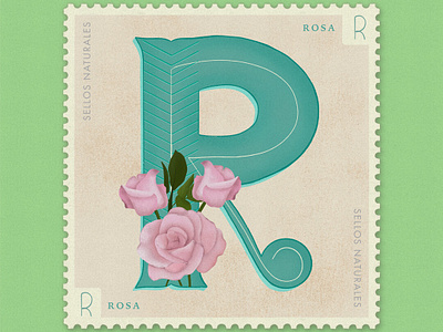 Letter R · Rosa · #36daysoftype #SellosNaturales 36 days 36 days of type 36 days of type lettering botanical art estampilla flowers flowers illustration letra r letter r lettering lettering art natural nature rosa rose roses sellos naturales turquoise vintage art vintage stamp