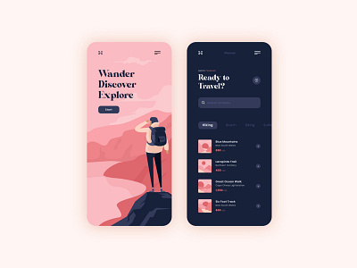 Travel App Design app beach branding flat hiking illustration illustrator mobile app mobile app design modern pastel shapes travel travel app ui ux vector