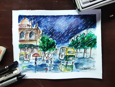 Delhi Street - Water Color art artwork creative design illustration painting watercolor