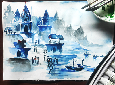 Banaras Ghat - Water Color Painting art artwork banaras ghat creative ghat illustration painting watercolor